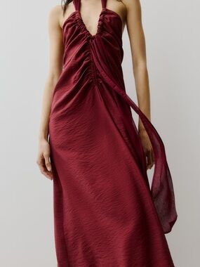 H&M Halter Ruched Maxi Dress in Wine